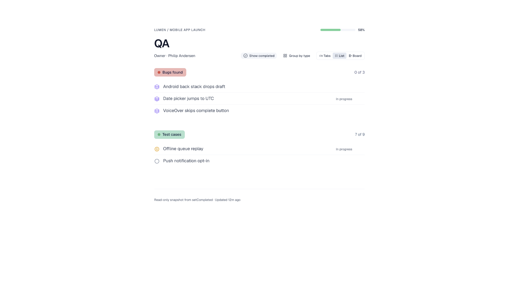 setCompleted shared list page