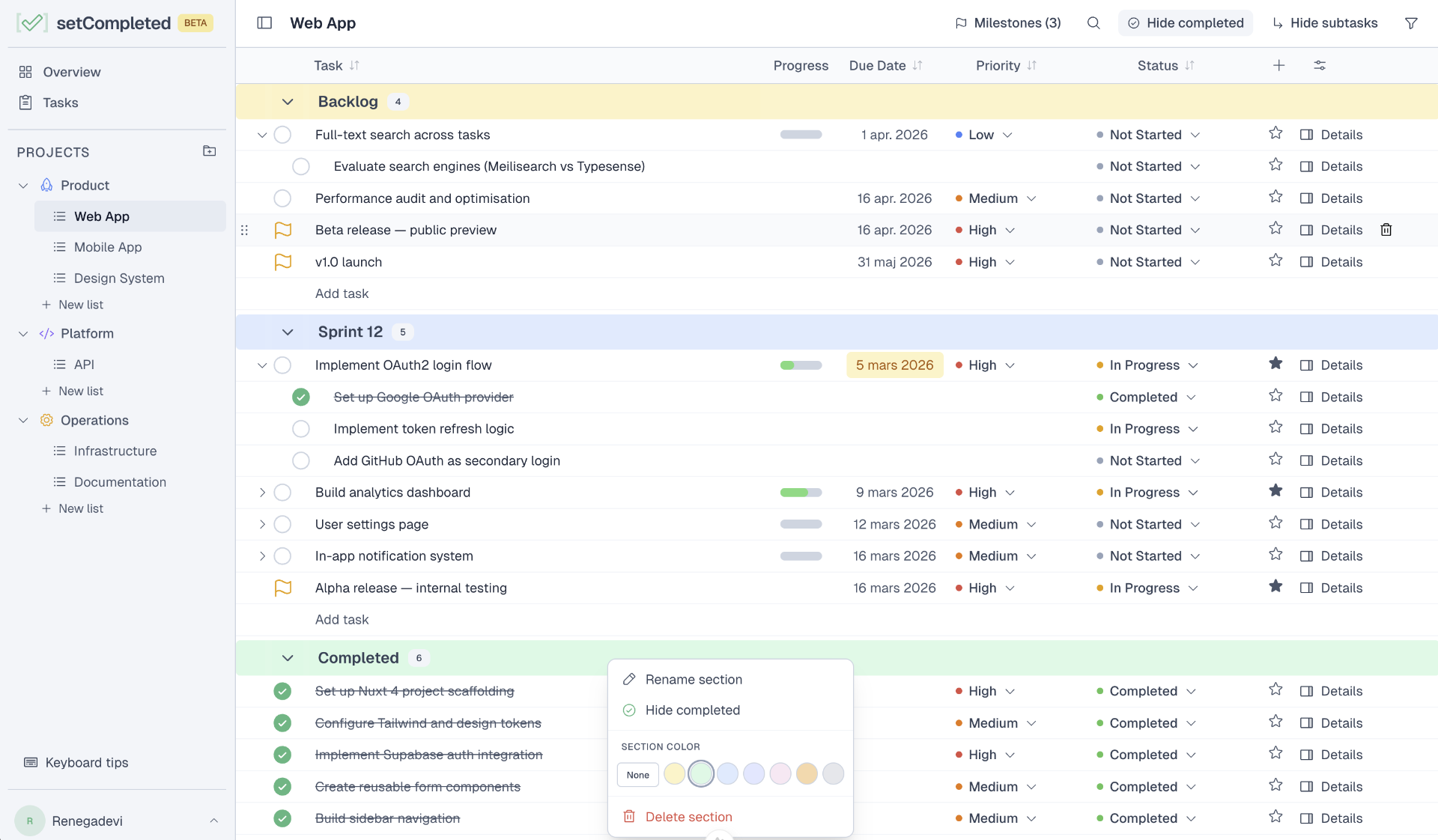 setCompleted project view
